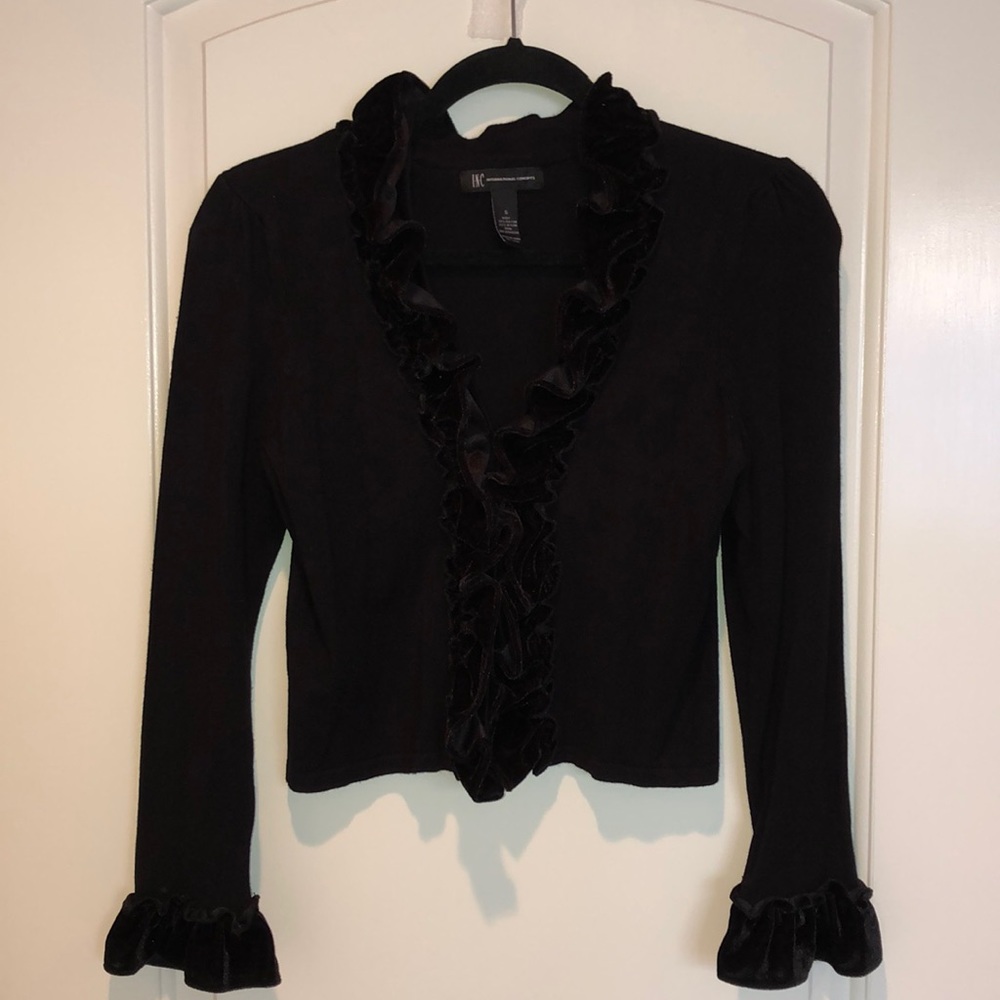 INC black sweater with velvet ruffle trim - Picture 1 of 3